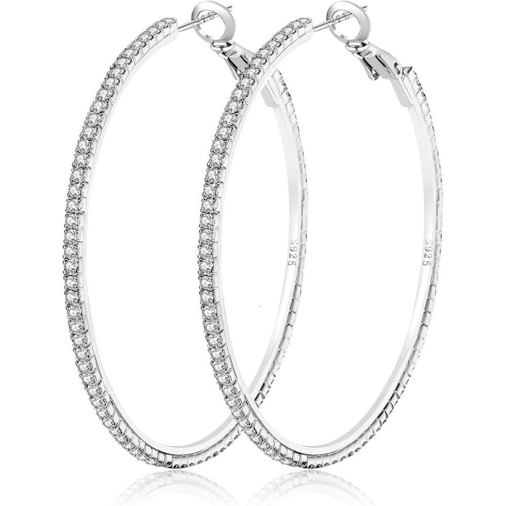 Women Silver Sterling Large Rhinestone Hoop Earrings Big Cubic Zirconia Hoop